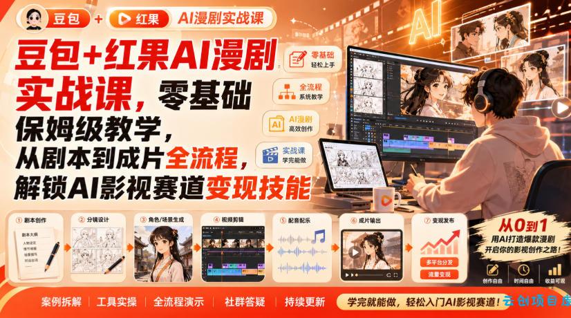 豆包+红果AI漫剧实战课，零基础保姆级教学，从剧本到成片全流程，解锁AI影视赛道变现技能-云创项目库