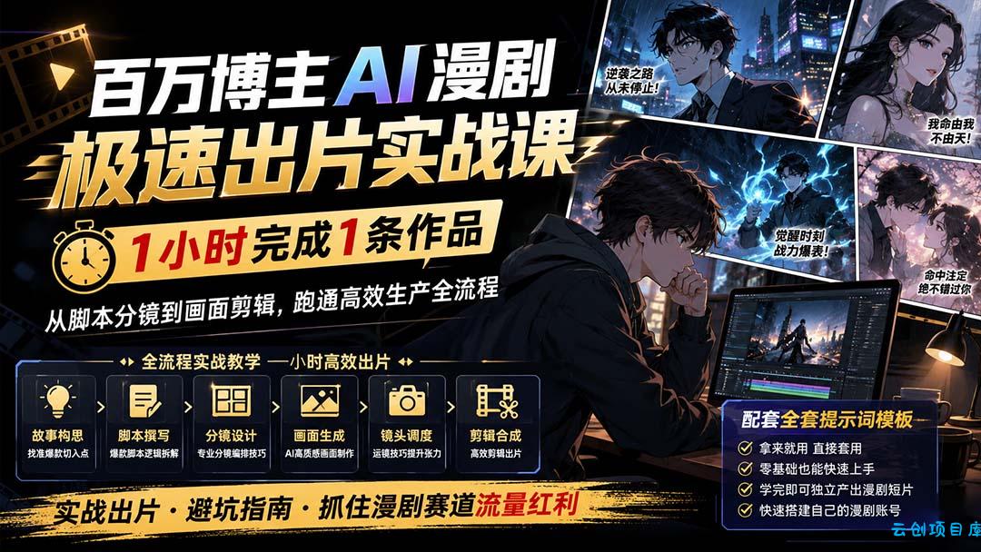 百万博主AI漫剧极速出片实战课：1小时产出条作品，从脚本分镜到画面剪辑，跑通高效生产全流程-云创项目库