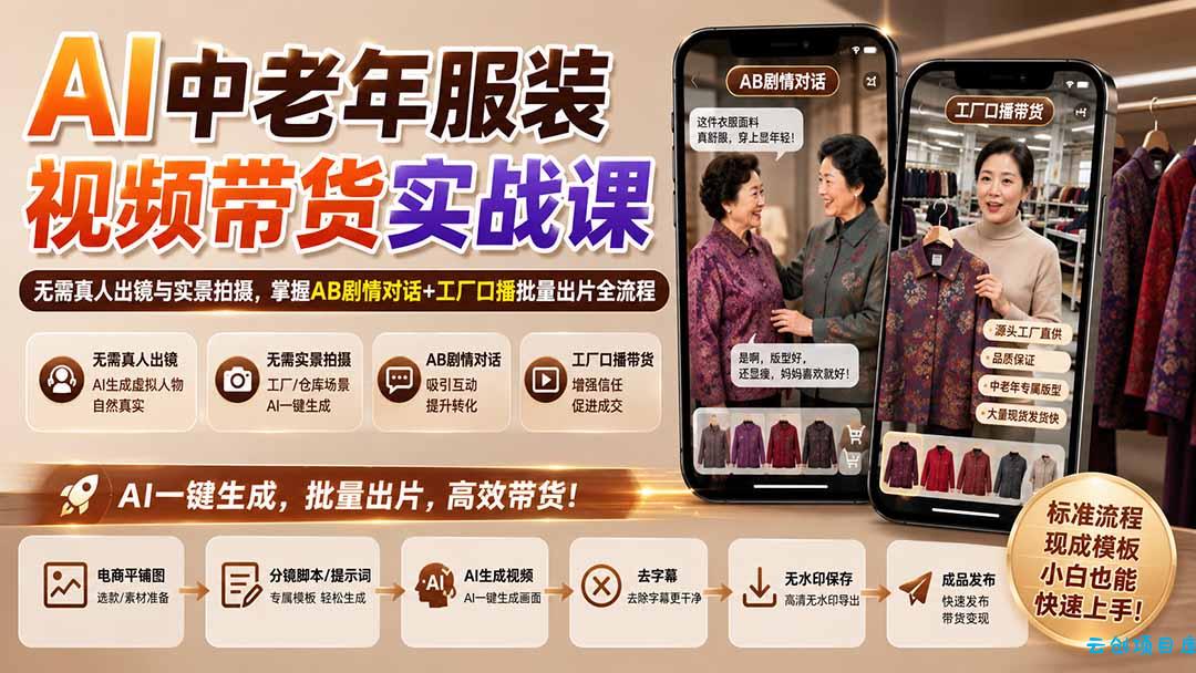 AI中老年服装视频带货实战课：无需真人出镜与实景拍摄，掌握AB剧情对话+工厂口播批量出片全流程-云创项目库