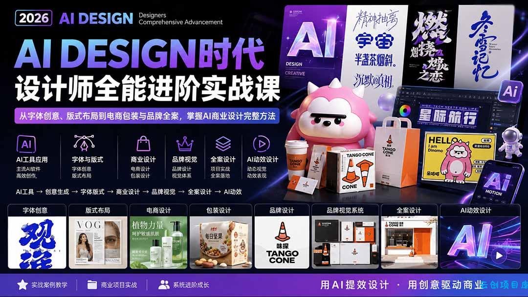 2026AI DESIGN时代设计师全能进阶实战课：从字体创意、版式布局到电商包装与品牌全案，掌握AI商业设计完整方法-云创项目库