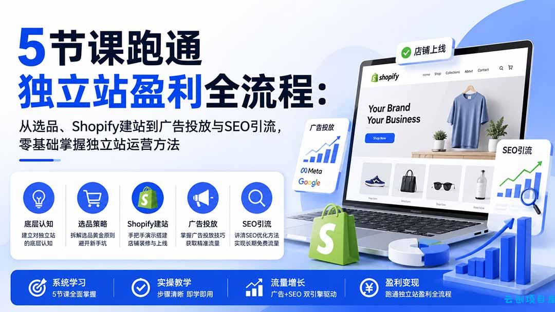 图片[1]-5节课跑通独立站盈利全流程：从选品、Shopify建站到广告投放与SEO引流，零基础掌握独立站运营方法-云创项目库