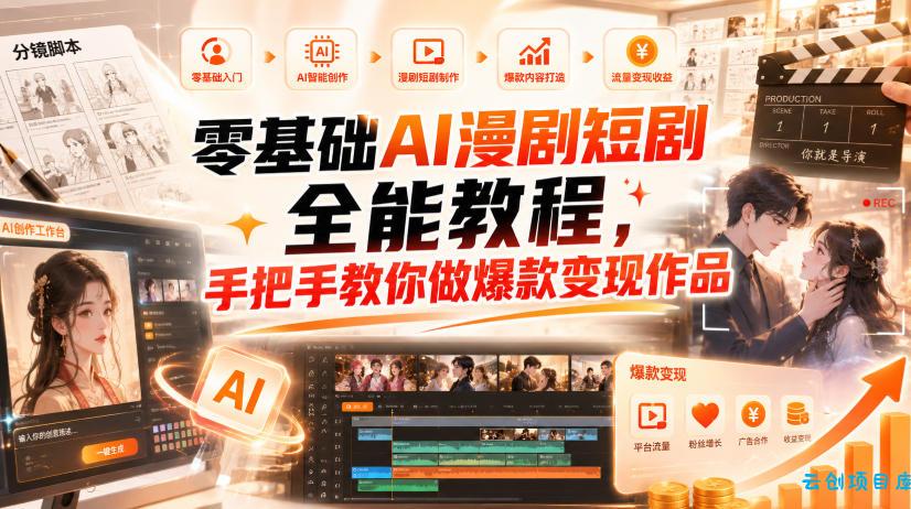 零基础AI漫剧短剧全能教程，从AI智能体搭建、文案脚本分镜、多平台AI生视频、剪映精修，覆盖全题材创作，手把手教你做爆款变现作品-云创项目库