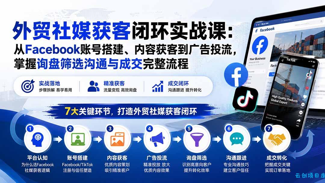 外贸社媒获客闭环实战课:从Facebook账号搭建、内容获客到广告投流,掌握询盘筛选沟通与成交完整流程-云创项目库