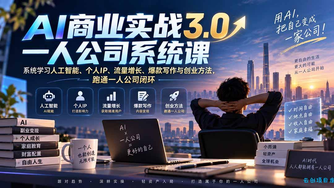 AI商业实战3.0一人公司系统课：系统学习人工智能、个人IP、流量增长、爆款写作与创业方法，跑通一人公司闭环-云创项目库