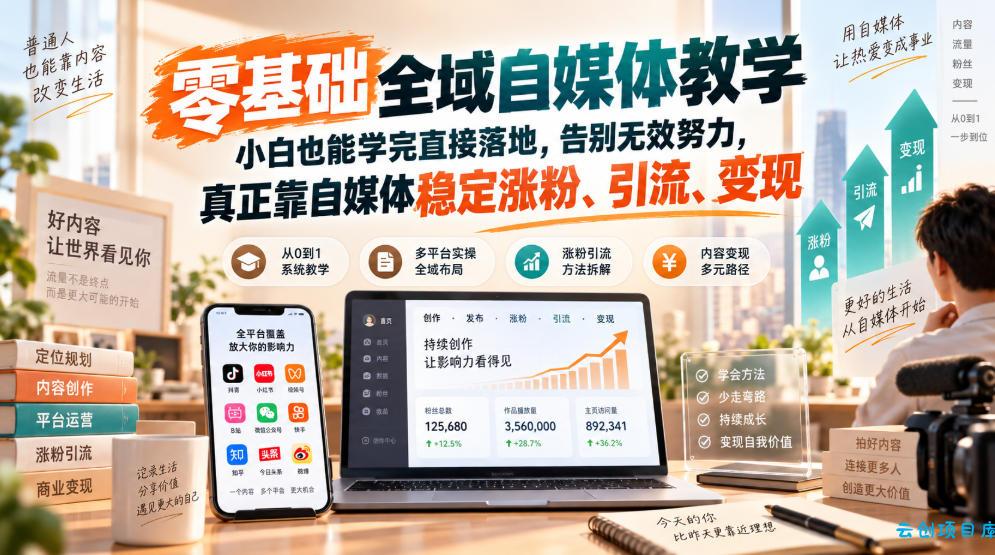 零基础全域自媒体教学，小白也能学完直接落地，告别无效努力，真正靠自媒体稳定涨粉、引流、变现-云创项目库