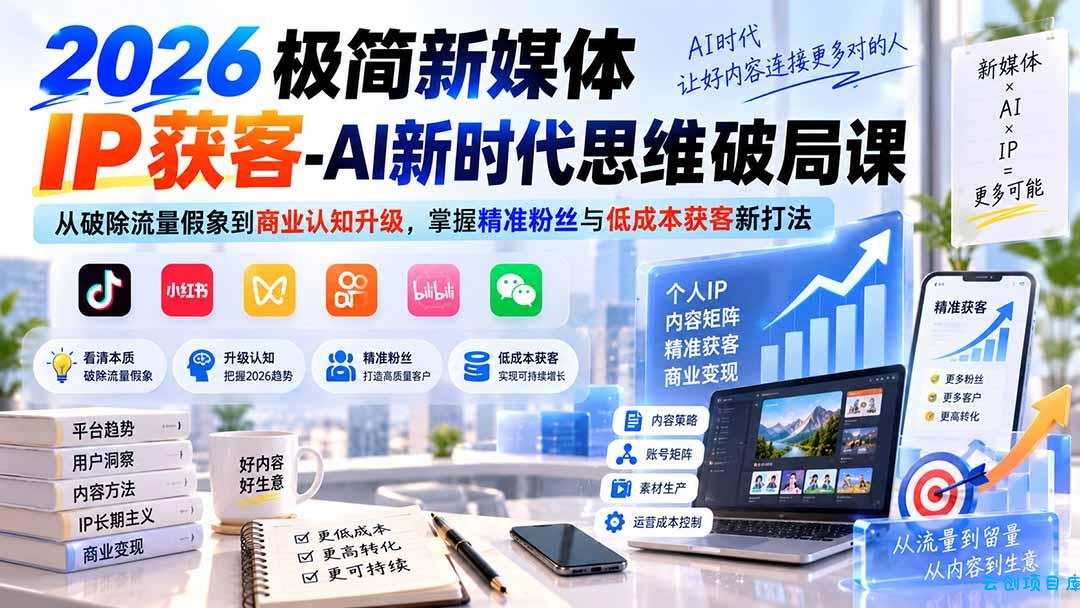 2026极简新媒体IP获客-AI新时代思维破局课：从破除流量假象到商业认知升级，掌握精准粉丝与低成本获客新打法-云创项目库