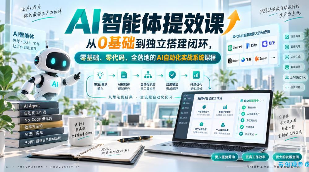 AI智能体提效课,从0基础到独立搭建闭环,零基础、零代码、全落地的AI自动化实战系统课程