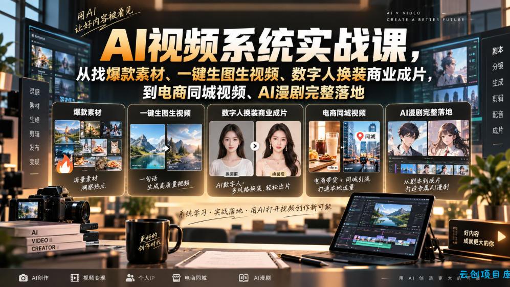 AI视频系统实战课,从找爆款素材、一键生图生视频、数字人换装商业成片,到电商同城视频、AI漫剧完整落地