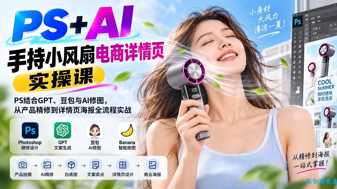 PS+AI手持小风扇电商详情页实操课：PS结合GPT、豆包与AI修图，从产品精修到详情页海报全流程实战-云创项目库