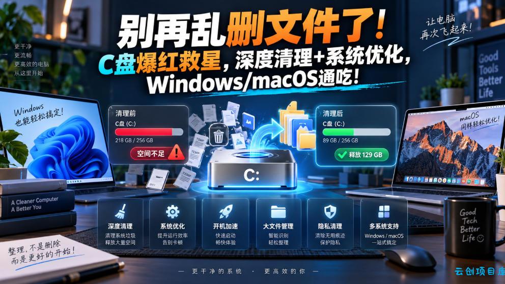 别再乱删文件了！C盘爆红救星，深度清理+系统优化，Windows/macOS通吃！-云创项目库