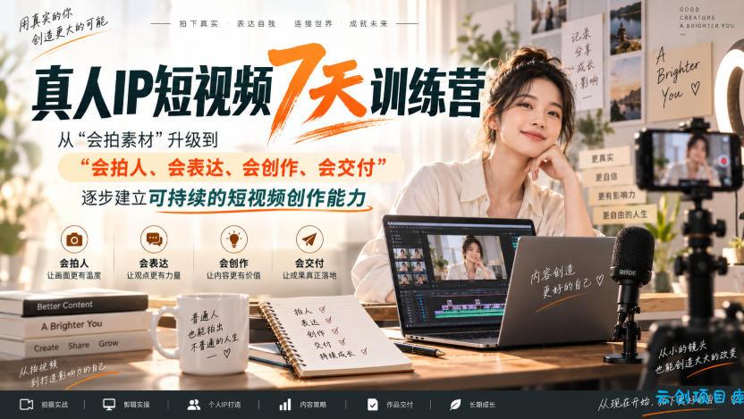 真人IP短视频7天训练营,从“会拍素材”升级到“会拍人、会表达、会创作、会交付”,逐步建立可持续的短视频创作能力