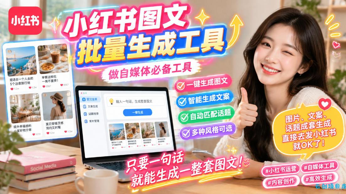 小红书图文批量生成工具，话题、文案、配图一键生成，直接发布，做自媒体必备工具-云创项目库