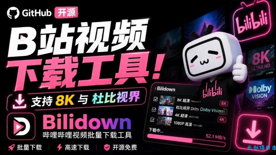 Github开源B站视频下载工具！支持8K与杜比视界的哔哩哔哩视频批量下载工具，简单易用Bilidown-云创项目库