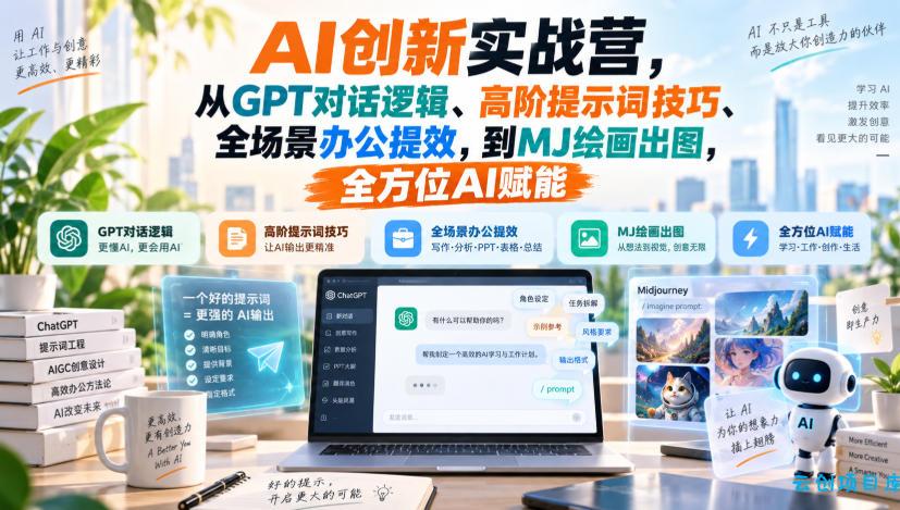 AI创新实战营,从GPT对话逻辑、高阶提示词技巧、全场景办公提效,到MJ绘画出图,全方位AI赋能