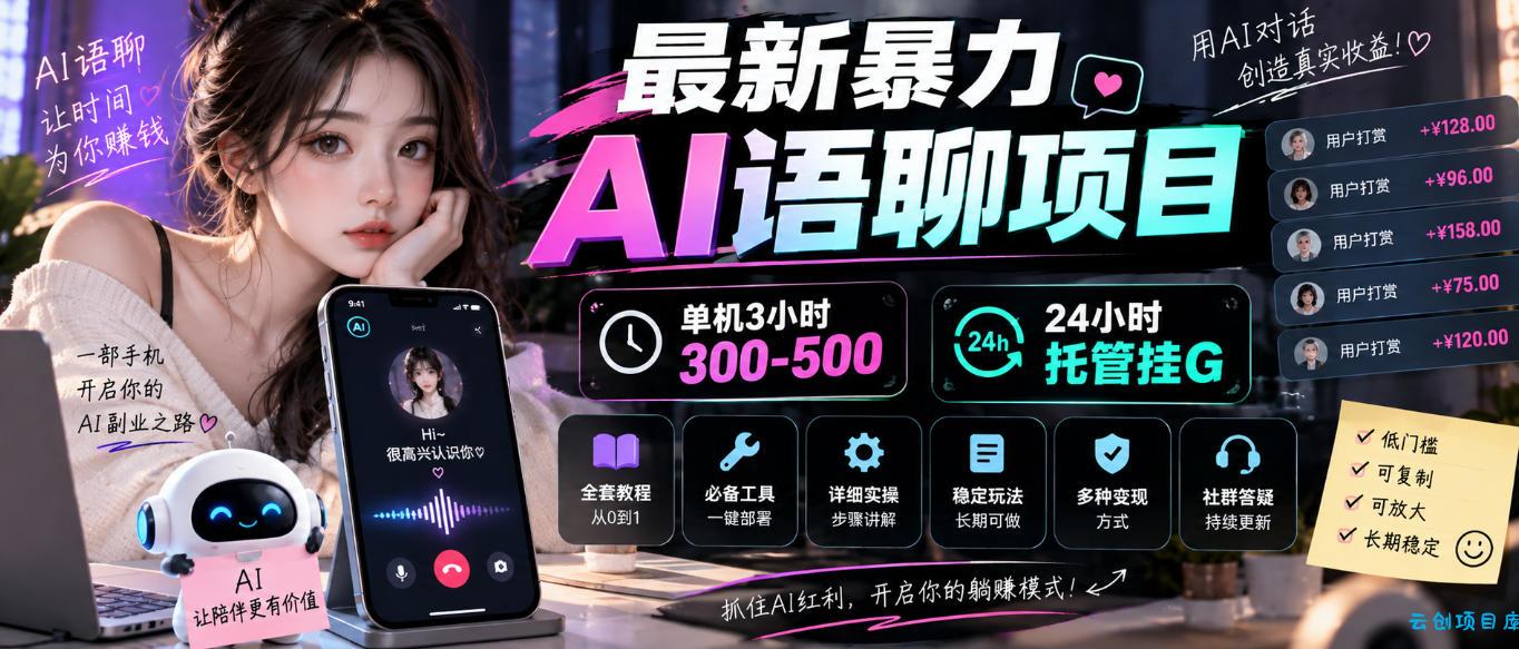 最新暴力AI语聊项目,单机3小时300-500,24小时托管挂G,附全套教程及工具【揭秘】