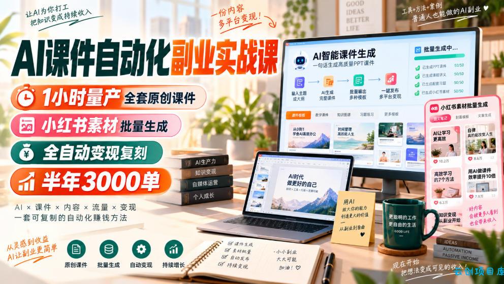 AI课件自动化副业实战课,1小时量产全套原创课件,小红书素材批量生成,全自动变现复刻,半年3000单