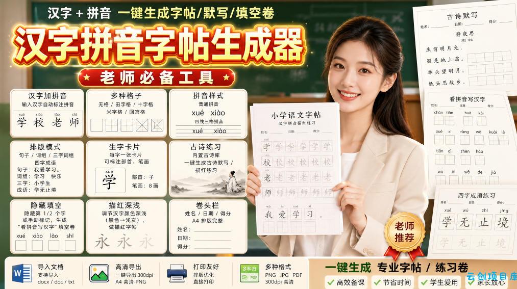学习神器，汉字拼音字帖生成器，汉字+拼音 一键生成字帖/默写/填空卷，支持词组、成语，老师、家长必备-云创项目库