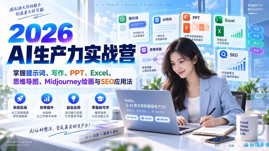 2026AI生产力实战营：掌握提示词、写作、PPT、Excel、思维导图、Midjourney绘画与SEO应用法-云创项目库
