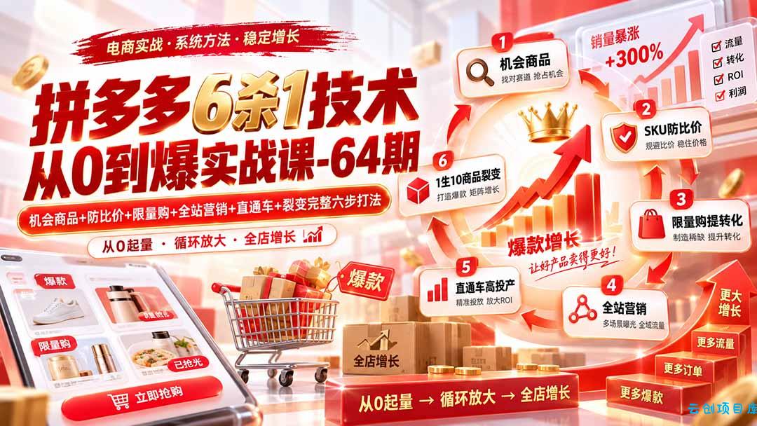拼多多6杀1技术从0到爆实战课-64期：机会商品+防比价+限量购+全站营销+直通车+裂变完整六步打法-云创项目库
