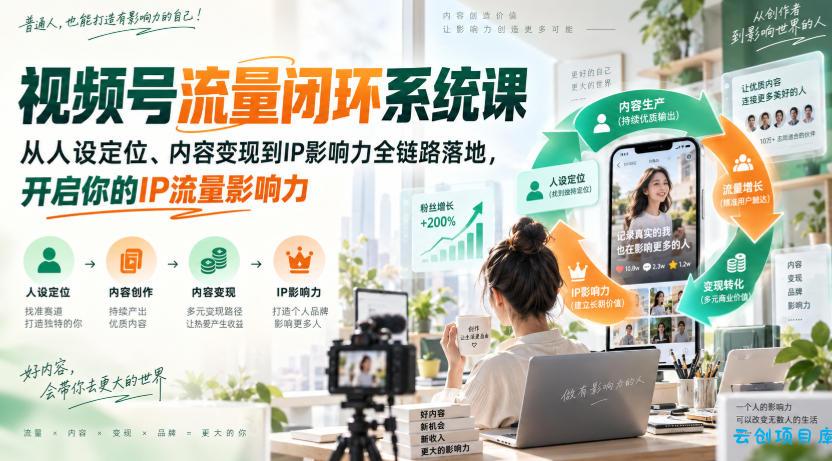 视频号流量闭环系统课，从人设定位、内容变现到IP影响力全链路落地，开启你的IP流量影响力-云创项目库