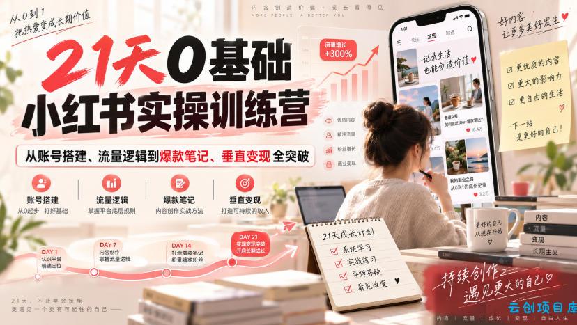 21天0基础小红书实操训练营|从账号搭建、流量逻辑到爆款笔记、垂直变现全突破
