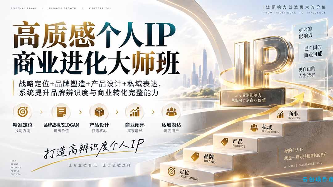 高质感个人IP商业进化大师班:战略定位+品牌塑造+产品设计+私域表达,系统提升品牌辨识度与商业转化完整能力-云创项目库