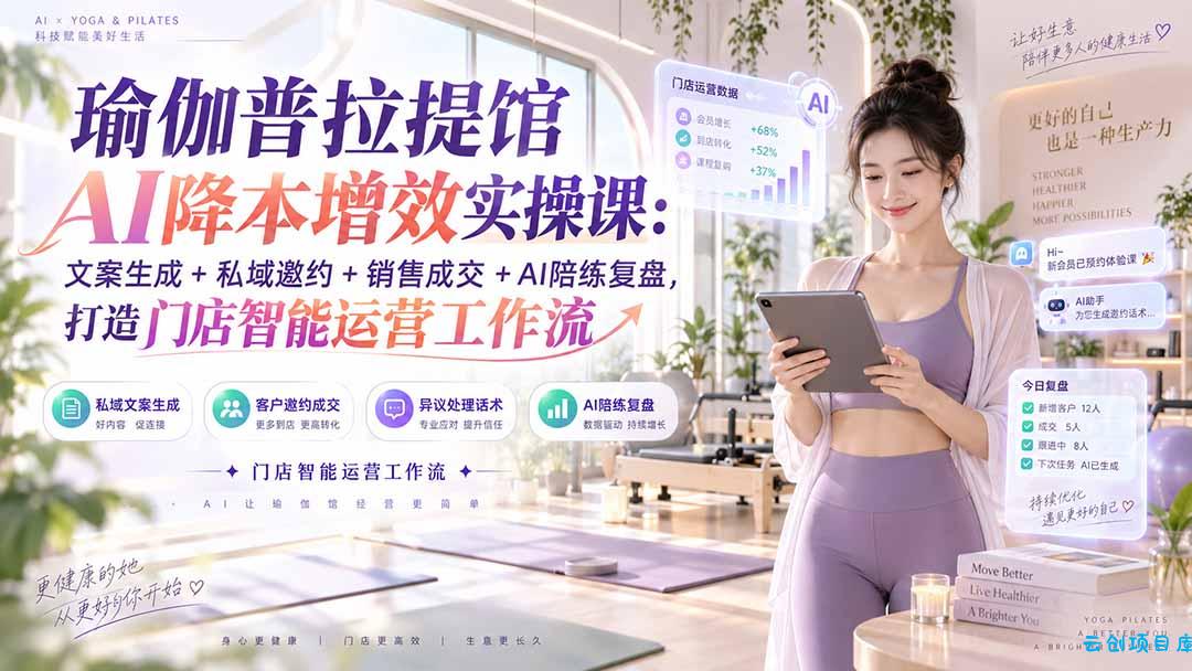 瑜伽普拉提馆AI降本增效实操课：文案生成+私域邀约+销售成交+AI陪练复盘，打造门店智能运营工作流-云创项目库