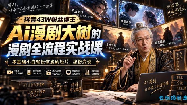 抖音43W粉丝博主Ai漫剧大树的漫剧制作全流程实战课，零基础小白轻松做漫剧短片，涨粉变现-云创项目库
