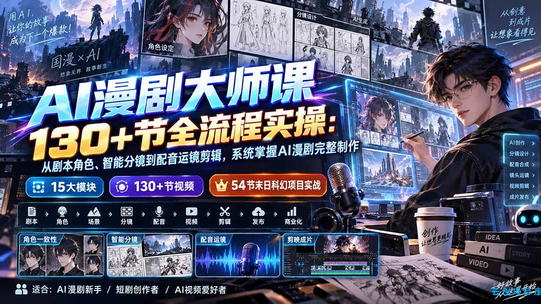AI漫剧大师课130+节全流程实操：从剧本角色、智能分镜到配音运镜剪辑，系统掌握AI漫剧完整制作-云创项目库