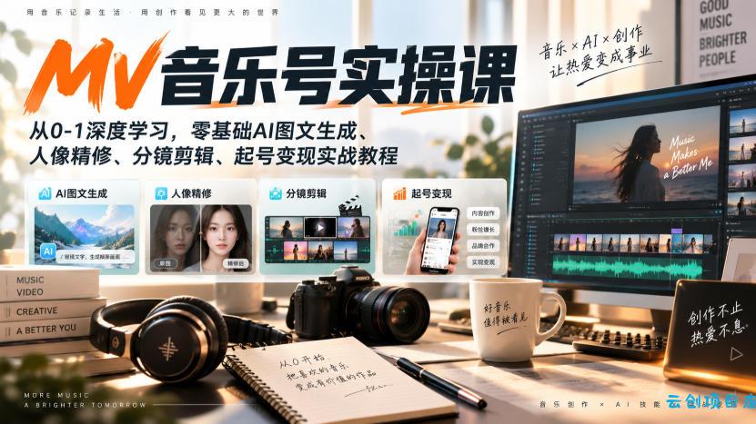 AI MV音乐号实操课，从0-1深度学习，零基础AI图文生成、人像精修、分镜剪辑、起号变现实战教程-云创项目库