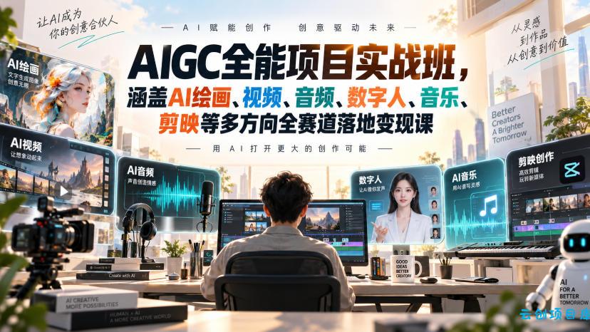 AIGC全能项目实战班，涵盖AI绘画、视频、音频、数字人、音乐、剪映等多方向全赛道落地变现课-云创项目库