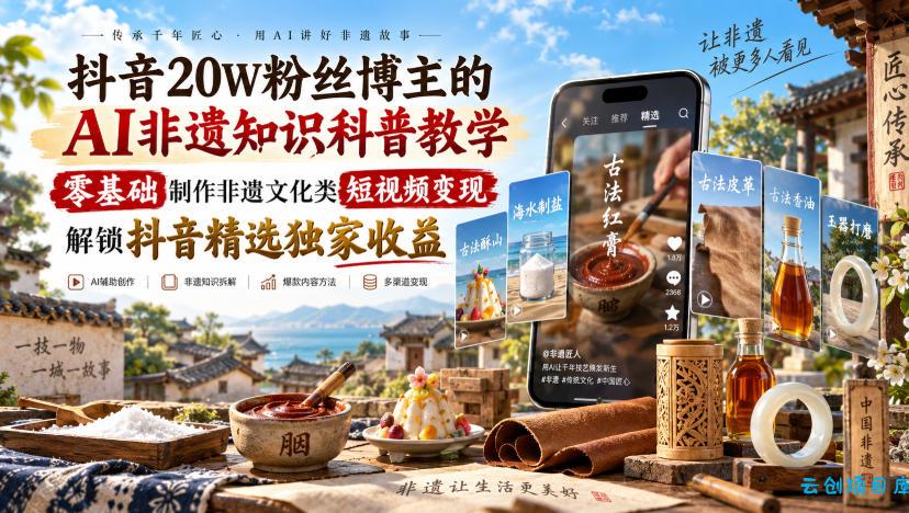 抖音20W粉丝博主的AI非遗知识科普教学，零基础制作非遗文化类短视频变现，解锁抖音精选独家收益-云创项目库