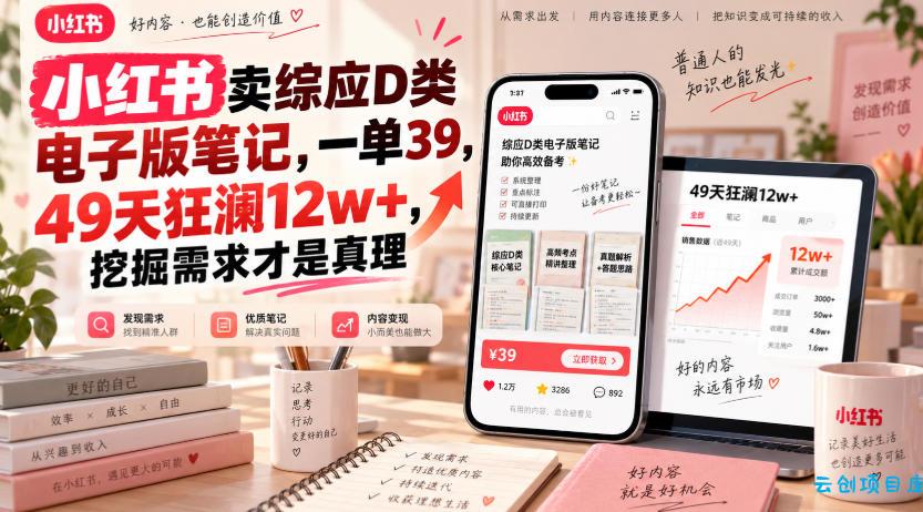 小红书卖综应D类电子版笔记，一单39，49天狂澜12w+，挖掘需求才是真理-云创项目库
