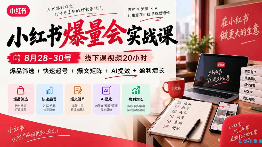 小红书爆量会实战课：8月28-30号线下课视频20小时，爆品筛选+快速起号+爆文矩阵+AI提效+盈利增长-云创项目库