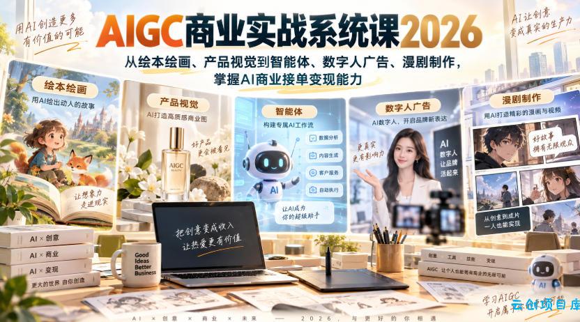 AIGC商业实战系统课2026,从绘本绘画、产品视觉到智能体、数字人广告、漫剧制作,掌握AI商业接单变现能力