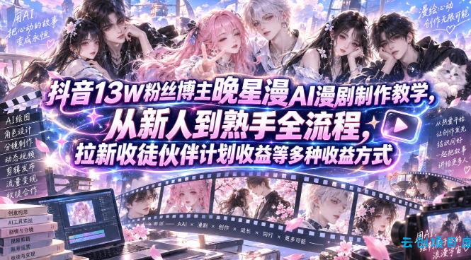 抖音13W粉丝博主晚星漫AI漫剧制作教学,从新人到熟手全流程,拉新收徒伙伴计划收益等多种收益方式,单日1K+