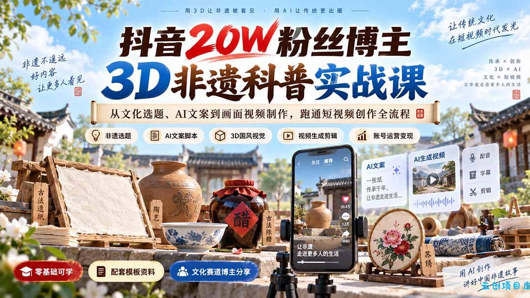 抖音20W粉丝博主3D非遗科普实战课：从文化选题、AI文案到画面视频制作，跑通短视频创作全流程-云创项目库
