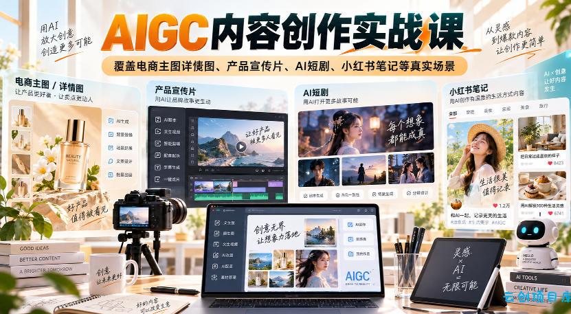 AIGC内容创作实战课,覆盖电商主图详情图、产品宣传片、AI短剧、小红书笔记等真实场景