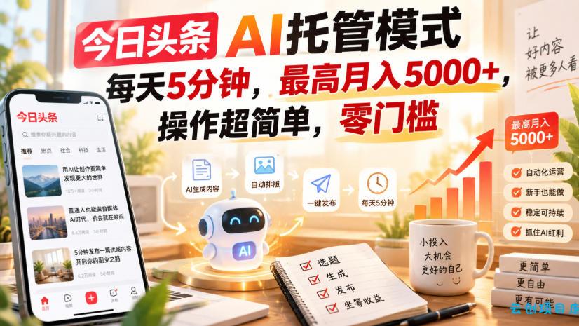 今日头条AI托管模式，每天5分钟，最高月入5000+，操作超简单，零门槛【揭秘】-云创项目库