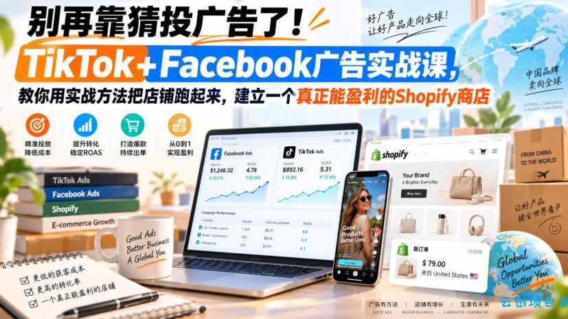 别再靠猜投广告了！TikTok+Facebook广告实战课，教你用实战方法把店铺跑起来，建立一个真正能盈利的Shopify商店【原创双语字幕】-云创项目库