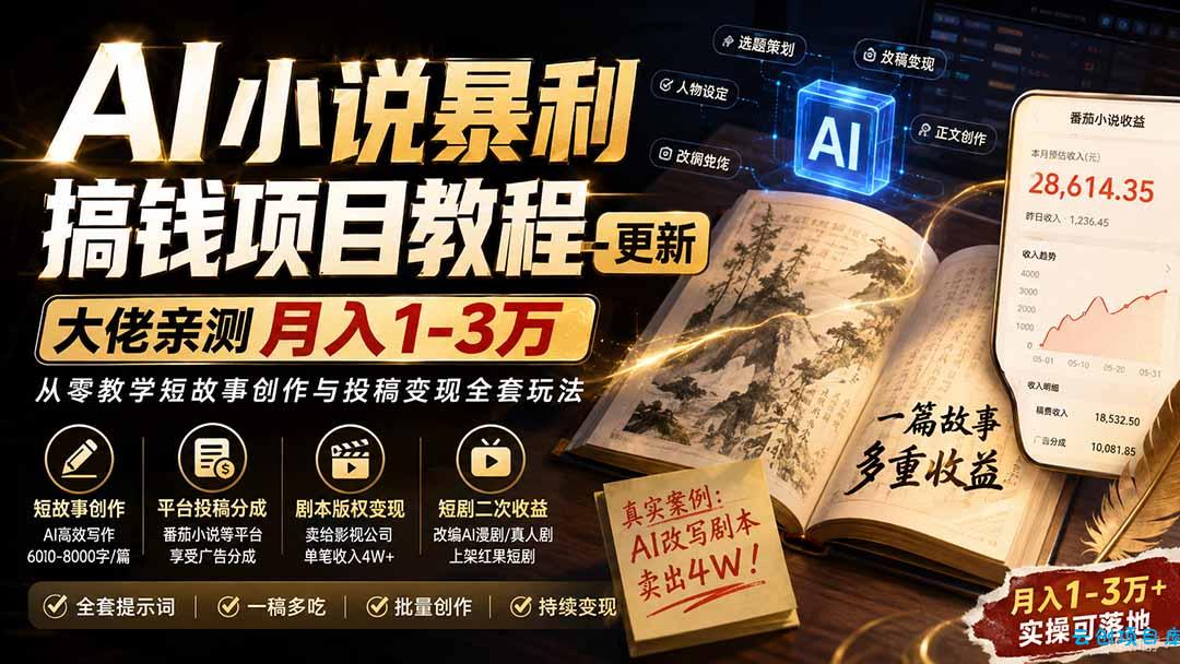 AI小说短故事暴利搞钱项目教程-更新，大佬亲测月入1-3万，从零教学短故事创作与投稿变现全套玩法-云创项目库