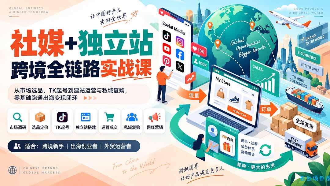 社媒+独立站跨境全链路实战课：从市场选品、TK起号到建站运营与私域复购，零基础跑通出海变现闭环-云创项目库