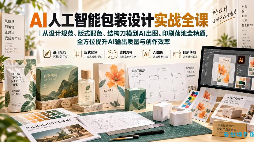 AI人工智能包装设计实战全课｜从设计规范、版式配色、结构刀模到AI出图、印刷落地全精通-云创项目库