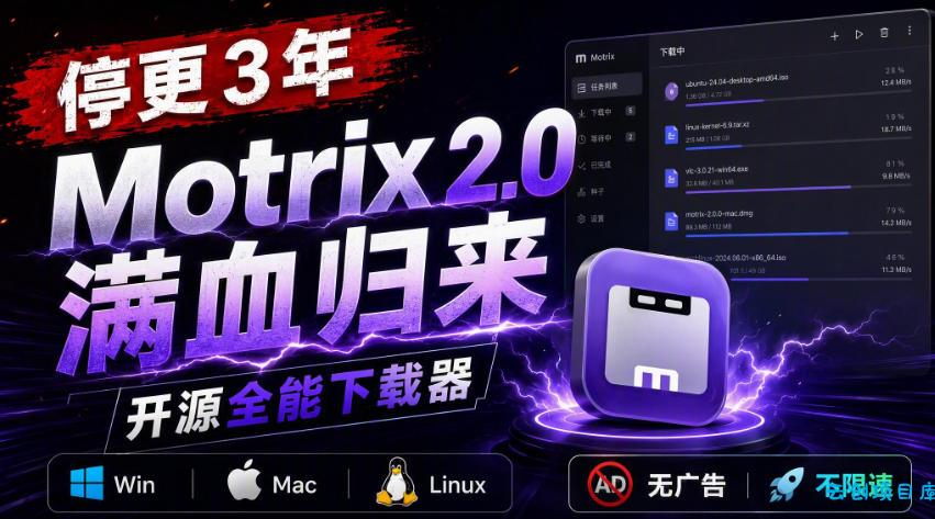停更3年，Motrix 2.0满血归来：开源全能下载器，Win/Mac/Linux通吃，无广告不限速-云创项目库