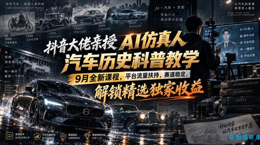 抖音大佬亲授AI仿真人汽车历史科普教学，9月全新课程，平台流量扶持，赛道稳定，解锁精选独家收益-云创项目库
