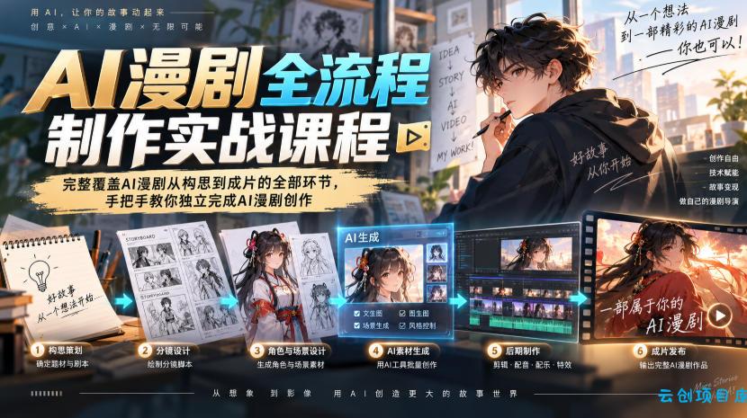 AI漫剧全流程制作实战课程，完整覆盖AI漫剧从构思到成片的全部环节，手把手教你独立完成AI漫剧创作-云创项目库