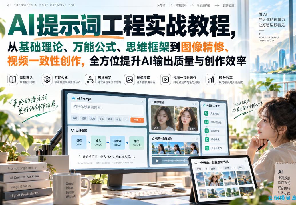 AI提示词工程实战教程，从基础理论、万能公式、思维框架到图像精修、视频一致性创作，全方位提升AI输出质量与创作效率-云创项目库