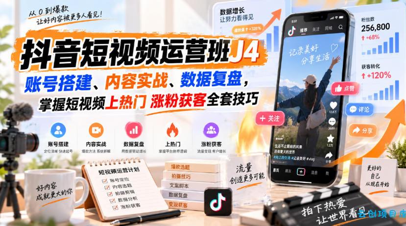 抖音短视频运营班J4｜账号搭建、内容实战、数据复盘，掌握短视频上热门涨粉获客全套技巧-云创项目库