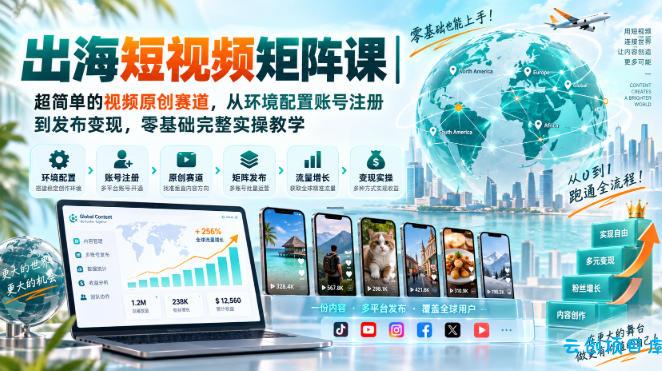 出海短视频矩阵课|超简单的视频原创赛道,从环境配置账号注册到发布变现,零基础完整实操教学