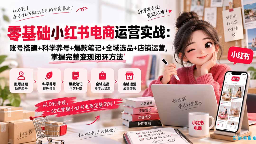 零基础小红书电商运营实战：账号搭建+科学养号+爆款笔记+全域选品+店铺运营，掌握完整变现闭环方法-云创项目库